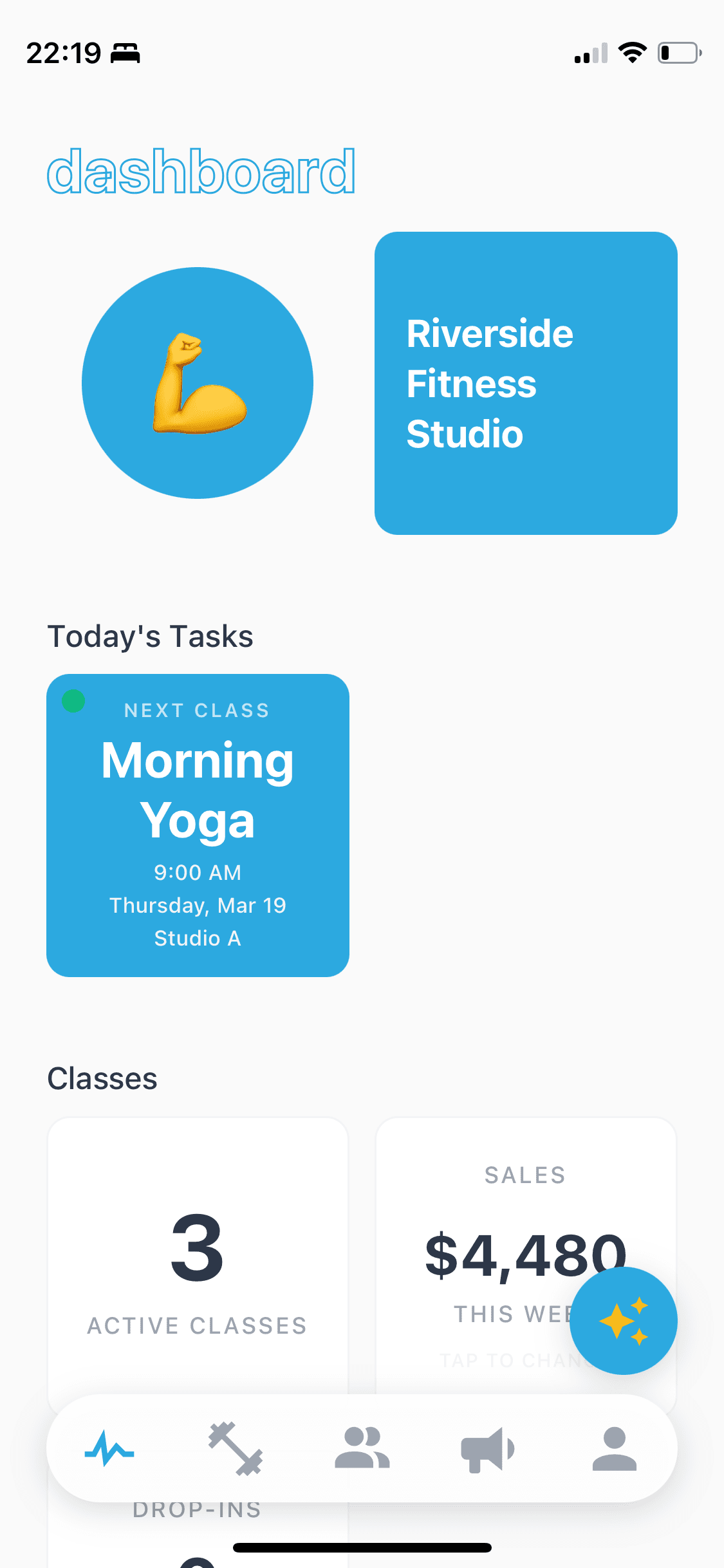 StudioFlow dashboard — your daily schedule at a glance
